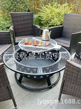 庭院烧烤炉圆形户外炭火围炉煮茶烤炉烤盘可转动烧烤篝火盆炉子