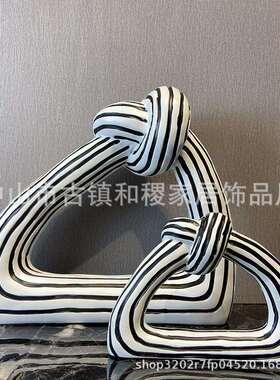 轻奢创LMG意黑白象条纹抽绳结摆件客样板房设厅桌面软装摆饰品树