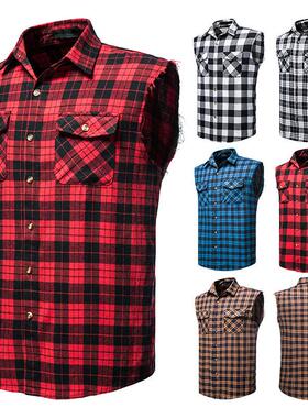 Men's flannel plaid shirt sleeveless cotton plus size