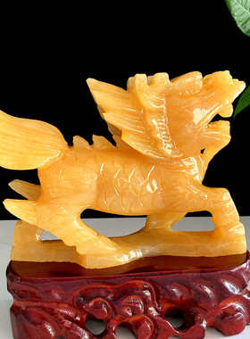 天然米黄玉麒麟摆件玉石大号一对动物招财送子祝福家居装饰品卧室
