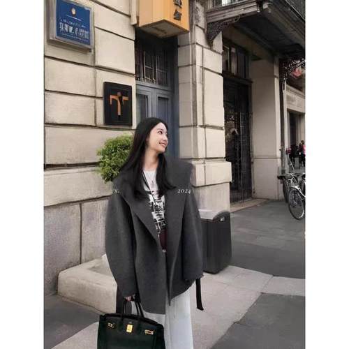 高级感羊毛双面呢大衣女韩版冬季小个子短款呢子宽松连帽毛呢外套 - 图0