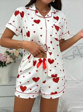 Button short sleeved shorts pajama set for women