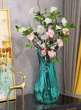 桌面奢蓝色样板间红花瓶居家水果盘客厅摆件网玻璃波浪花边装饰轻