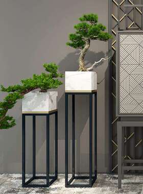 新中式迎客松落地摆件样板房酒店售楼处大理石花架盆景花瓶装饰品