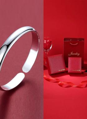 新款妃纯银手镯999镯子女开口简约妈光面饰品七夕礼物送女友妈刻