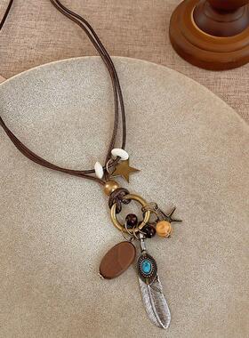 西米古铜圆盘项链长款羽毛项链