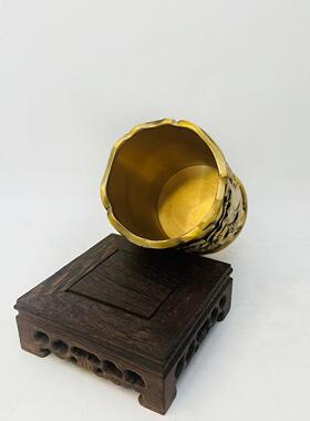 黄铜制作古玩铜制笔筒雕刻荷花荷叶铜摆件家居书房摆件工艺品