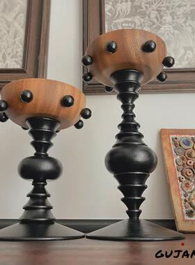 GUJAMA原创复古高脚木质托盘家居民宿摆件蜡烛香薰香水中古装饰品