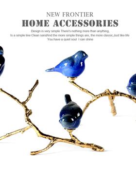 高档样房书房装饰品金属陶板瓷美客式摆厅玄关树枝鸟玄关现代新中