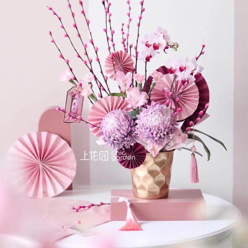 网红纸扇开业花篮年宵花鲜花装饰吊扇扇子花艺花店折扇插花桶礼盒,淘宝优惠券,粉丝福利购,淘宝优惠卷