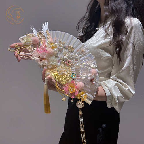 江梦喜扇新款手持新娘手捧花扇子出水芙蓉结婚出嫁团扇DIY材料包 - 图3
