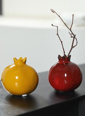 新中式红色陶瓷石榴花摆件客厅家居酒柜装饰品电视柜摆设工艺品
