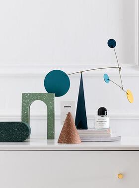 进口水磨石麻点几何圆锥形拱门摆件简约莫兰迪色客厅玄关书挡装饰