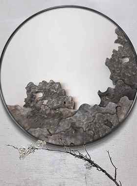 新中式入户玄关装饰画走廊过道圆形肌理太湖石抽象实物画入门挂画