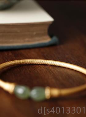 高档小银s9国25匠纯手银手镯女和田碧玉古法金兰花开口复古中风镯