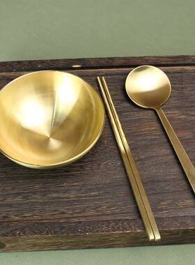 纯铜加厚碗筷勺叉套装家用防烫黄铜饭碗工艺品结婚礼物金黄铜饭碗