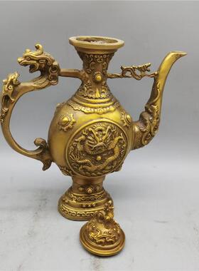 仿古纯铜双龙酒壶茶壶浮雕龙壶客厅家居装饰工艺品桌面摆件
