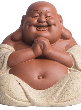 精品紫砂招财弥勒佛摆件禅意人物手工大肚佛茶道茶桌茶玩车载装饰