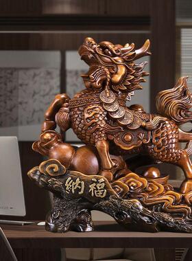 木纹麒麟摆件一对招财纳福办公室装饰品家居玄关乔节日迁新居送礼