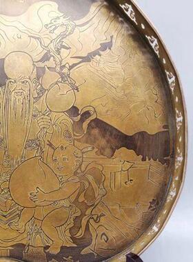 仿古做旧黄铜桃形寿星茶盘摆件 古玩杂项收藏品多子多福铜器摆饰