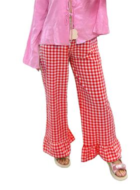 Checkered micro flared pants high waisted elastic pants