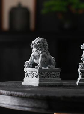 创意福瑞石狮子一对青砂石摆件茶宠盆景鱼缸造景桌面门厅阳台装饰