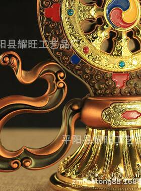 特大铜合金彩绘镀金双鹿法轮宝堂供具摆件法器小号