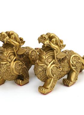 黄铜金钱貔貅摆件走路貔貅摆件一对家居饰品工艺品