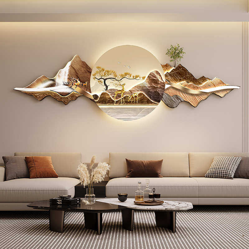 新中式客厅装饰画LED灯横幅沙发背景墙吉祥寓意金山水复古挂画,淘宝优惠券,粉丝福利购,淘宝优惠卷