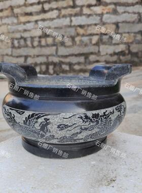 石头圆形三足香炉龙凤香炉双龙精品石雕家用香炉青石材双龙