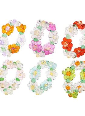 Elastic crystal bead ring flower ring female color彩色戒指