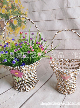 仿真花瓶花盆花篮壁挂铁艺花篮藤编壁挂花器装饰假花草编藤编花艺