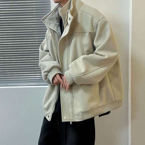 呢子外套男秋冬季新款高级感宽松痞帅男士休闲夹克立领毛呢1218e - 图1