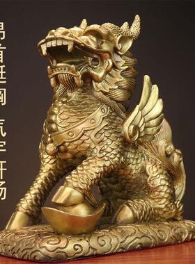 铜麒麟摆件一对公母八卦纯黄铜麒麟全铜家用卧室客厅入户门口护宅