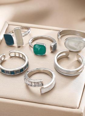 6-piece ring set跨境祖母绿滴油戒指简约开 口戒指女关节戒套装