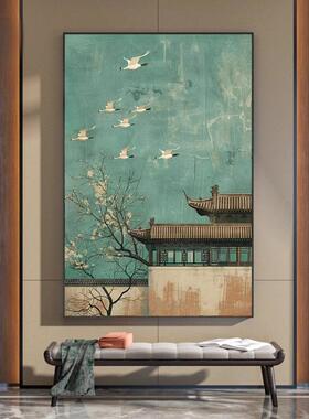 新中式禅意绿色中国风楼阁仙鹤古典客厅装饰画玄关壁画竖版挂画
