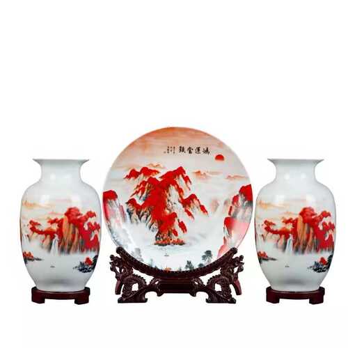 景德镇陶瓷客厅电视柜装饰摆件鸿运当头三件套花瓶乔迁新房摆设品 - 图0