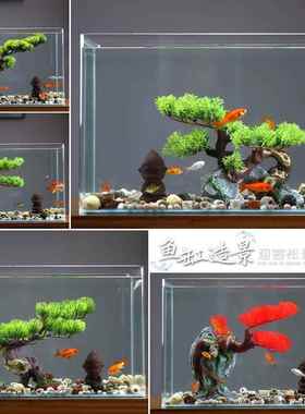 缸装饰造摆件迎客松厅假山玄关柜景2024028仿鱼真罗汉客松树酒店