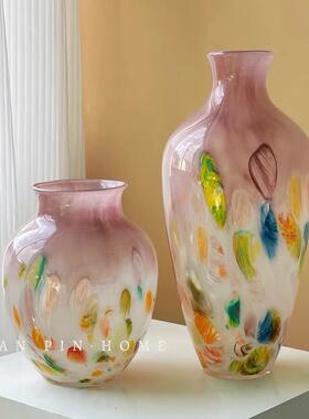 中古风彩色渐变波点琉璃花瓶法式高级感玄关客厅艺术花器玻璃摆件