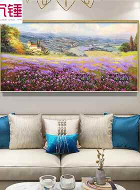 手绘油画简欧花卉田风景餐厅装饰画玄关有框画立体现代横版挂画单