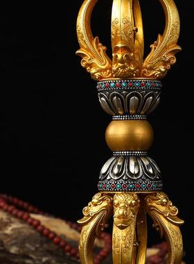 黄铜五股金刚杵带底座大号镢杵普巴杵5股金钢杵铜杵收藏用品礼品