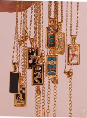 Stylish vintage rectangular zircon Tarot necklace塔罗牌项炼