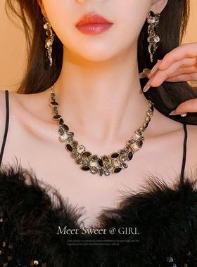 黑色镶钻项链耳环轻奢小众高级感