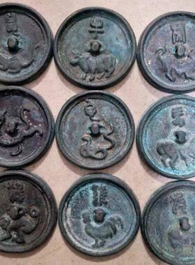 古玩杂项收藏仿古代铜镜复古十二生肖铜镜套装浮雕工艺