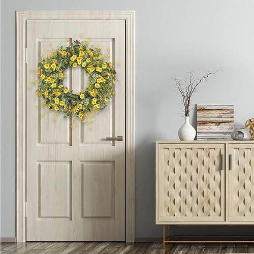 春夏季小黄雏菊藤圈花环 仿真白花尤加利藤条家居装饰婚礼门壁挂 - 图2