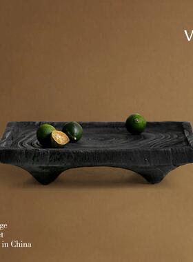 梵其侘寂风碳化木圆形托 托盘摆件样板间客厅茶几桌面干泡茶台茶