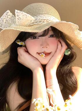 法式蕾丝蝴蝶结草帽女夏海边沙滩波浪边大帽檐遮阳帽遮阳防晒帽子