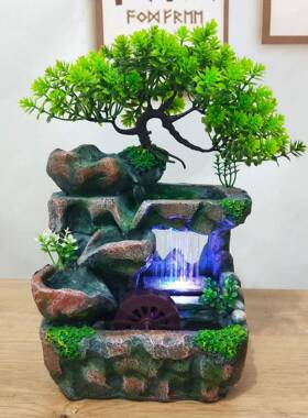 外贸摆件小树雨景假山喷泉办公桌装饰盆景工艺品流水摆件