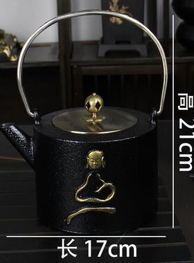 禅茶铁茶壶办公室桌面喝茶龙凤和尚提梁壶炭火铁炉金属工艺品摆件