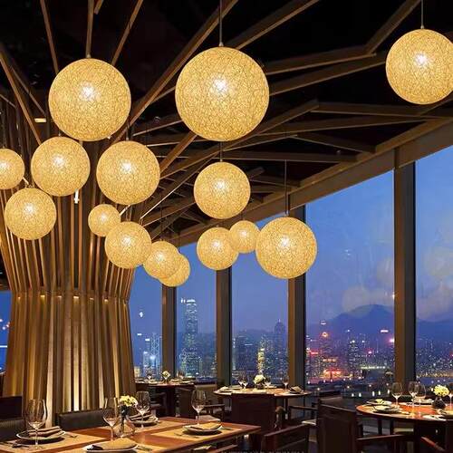 中式餐厅吊灯咖啡厅酒吧台灯奶茶店吊灯酒吧桌灯过道麻线编织吊灯 - 图2
